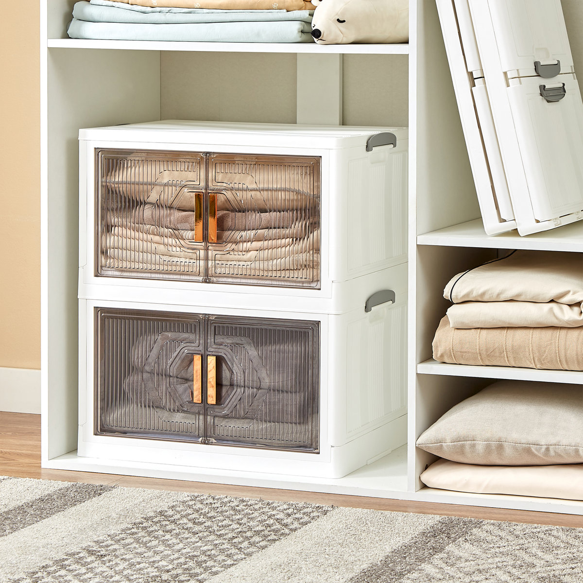 Canas 3 Pack Stackable Storage Bins 70 QT Folding Organizer Boxes Collapsible Closet With Doors Wheels Lid